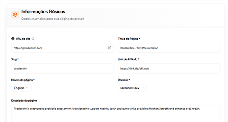 Passo 3: Preencha as informações do site